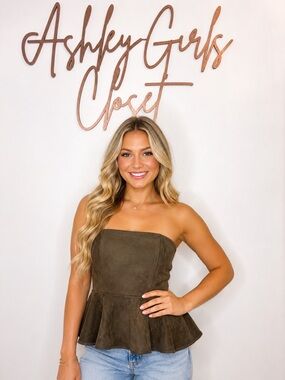 H&M Faux Suede Strapless Peplum Tube Top Brown Size Large